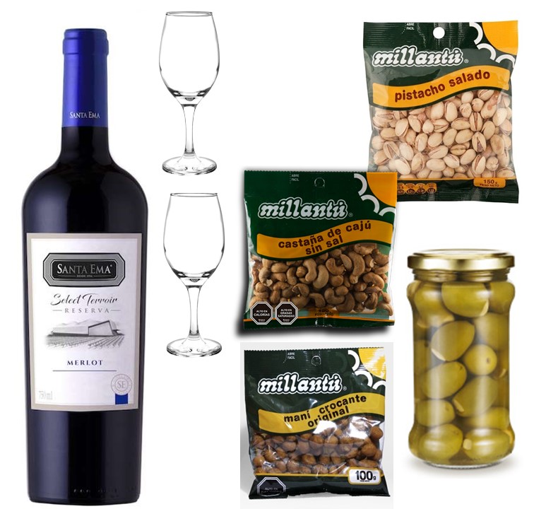 Vino 750cc, 2 Copas, Mani, Pistacho, Casta�as y Aceitunas